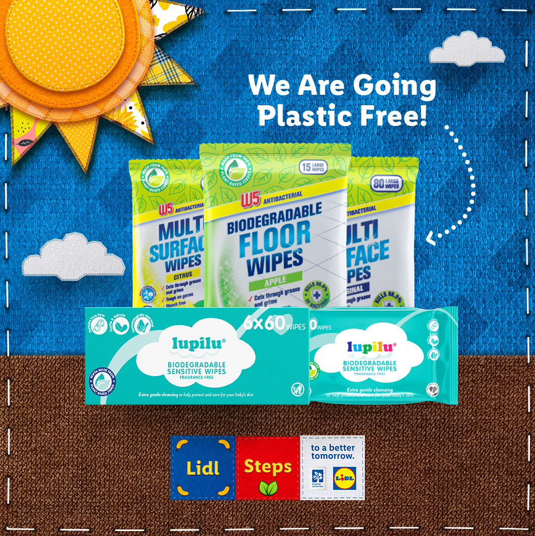 lidl_ireland's tweet photo. We are delighted to announce that we will be moving to plastic-free and biodegradable wet wipes in our own brand everyday range from next year. This change means we will avoid over 400 million pieces of plastic every year from being put on the market! #LidlSteps https://t.co/LKGbO5sFwk