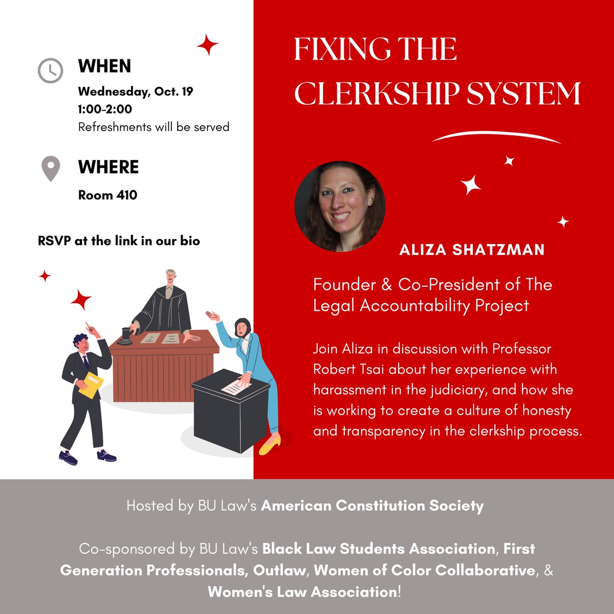 AlizaShatzman's tweet photo. βοΈβοΈThe Legal Accountability Project is very excited to visit @BU_Law today, where Iβll speak w/ Professor @robertltsai about #judicialaccountability, fixing the #clerkship system, & transforming the #legalprofession. We appreciate #BUACS for sponsoring & BU Law for hosting.π https://t.co/m5cWJj96kH