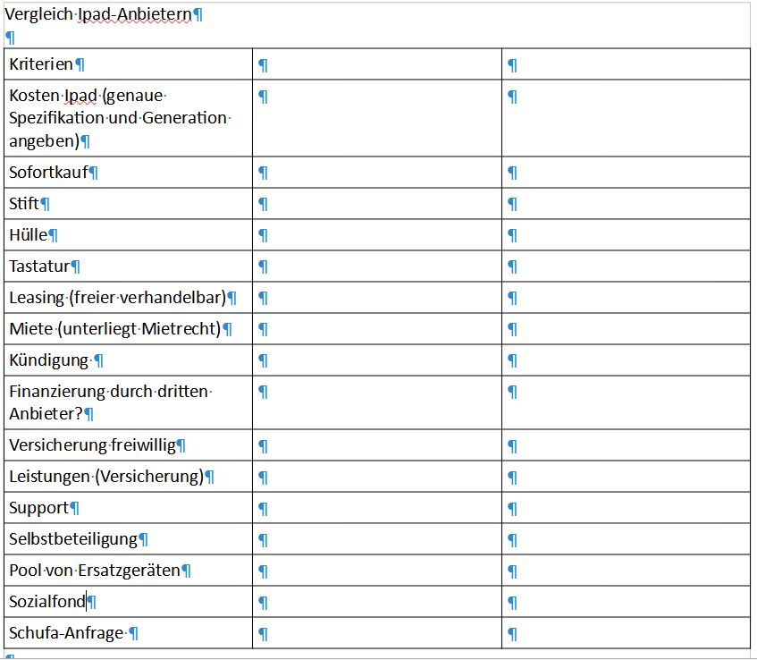 Moinsen, bräuchte Eure Anregungen für einen Vergleich von Tabletanbietern in der Elternfinanzierung. Welche Aspekte fehlen noch? Gerne retweeten