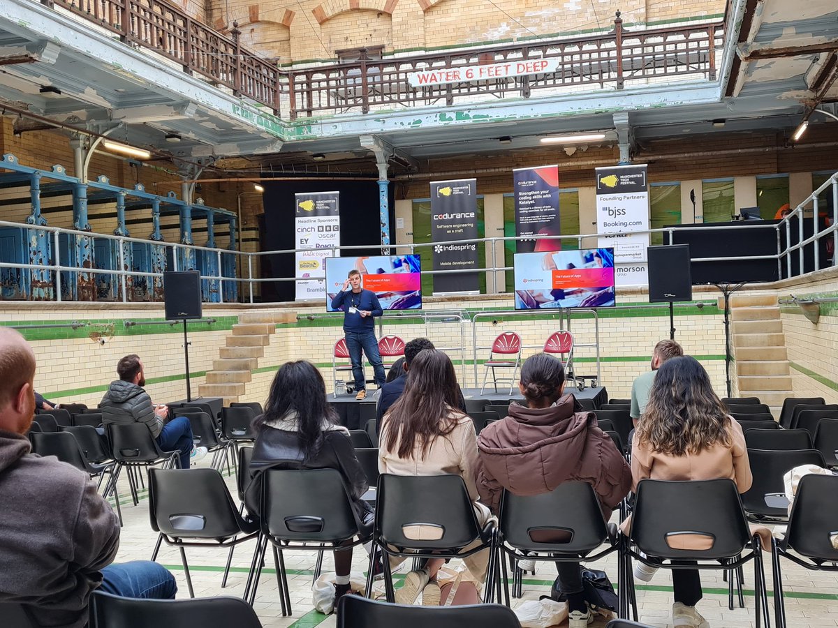 Rob from <a href="/indiespring/">Indiespring</a> kicking off the afternoon <a href="/MancTechFest/">Manchester Tech Festival</a> technical stage with a thank you to the organisers &amp; attendees for making this week so great, and making Rob feel like a very proud mancunian 🙌🏽

Fyi this is some venue <a href="/victoriabaths/">Victoria Baths</a> 😱😍🥳 #ourtimetoreign