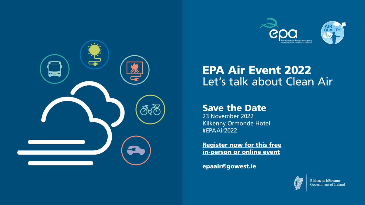 We are delighted to invite you to the National EPA Air Event ‘Let’s talk about Clean Air’ to learn more about emerging evidence regarding health impacts and the actions taken to improve our air. Join us in Kilkenny or online on 23rd November. Register👉 bit.ly/3eGNx4D