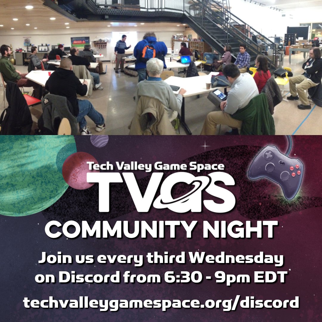 Join us at 6:30pm EDT on Discord for Community Night!

techvalleygamespace.org/discord/

Our monthly meetups include news and announcements, interactive group discussions, and a show and tell segment where members can demo work in progress to receive peer feedback about creative projects.