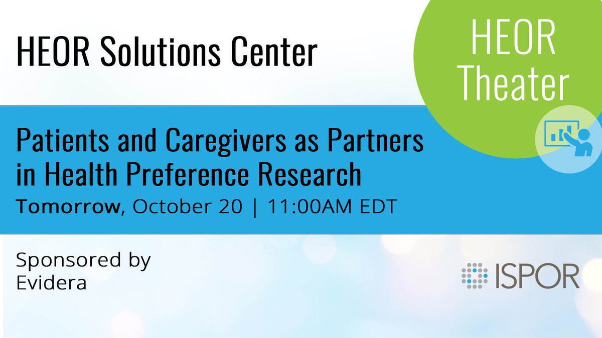 Learn how to apply global guidelines and best-practice recommendations for quality #patient engagement in practice in #patientpreference research at tomorrow’s HEOR Theater. Sponsored by @evideraglobal ow.ly/jhSm50LbQti