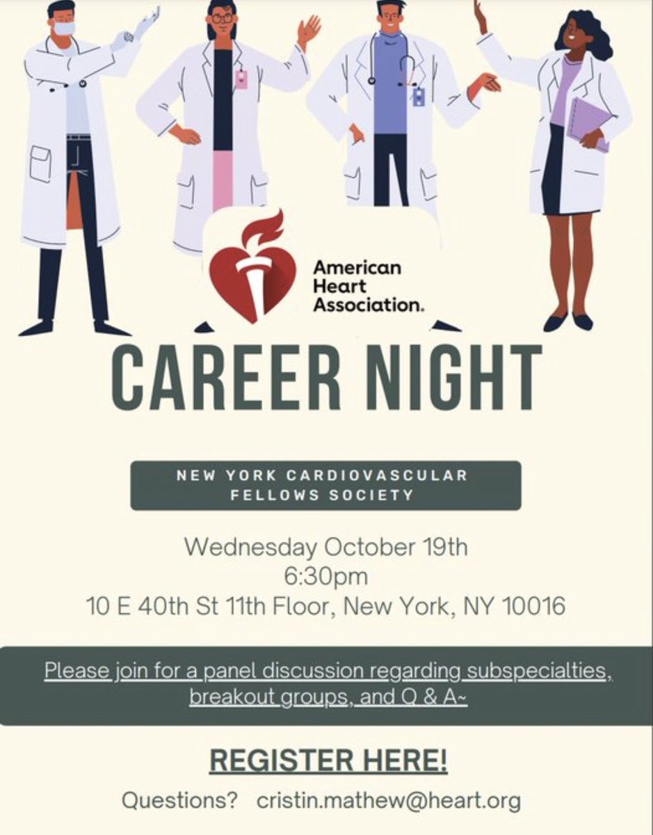 📣 Calling all NY/NJ/CT🫀Fellows!!! Tonight @AHANewYorkCity Career Night! ✨Luminaires like @Drroxmehran @SVRaoMD @ajaykirtane @doctorginaL @SrihariNaiduMD @ShalineRaoMD @SmadarKort & others under 1 roof to provide advice & guidance!! 👏🏽 to this ⭐️ board for 100 registered!!