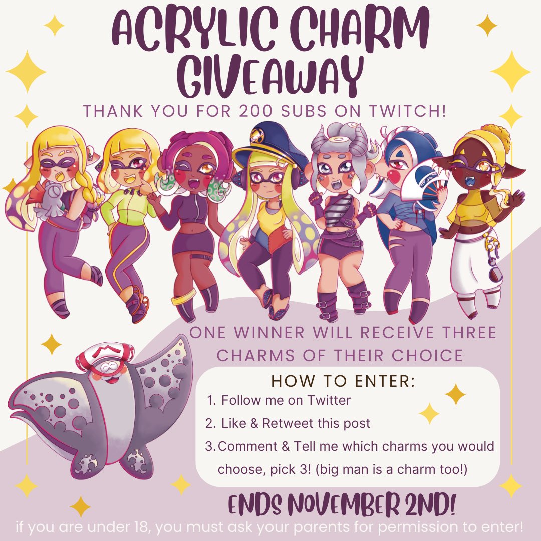 oyasumilunachan's tweet photo. ✨SPLATOON CHARM GlVEAWAY✨

I will be choosing one winner who will receive three acrylic keychains!

TO ENTER: Follow, like &amp; RT this post. Also comment and tell me which three charms you would like (all available characters pictured below!) Ships worldwide, ends November 2nd 💛 https://t.co/TM7MVrWMGk