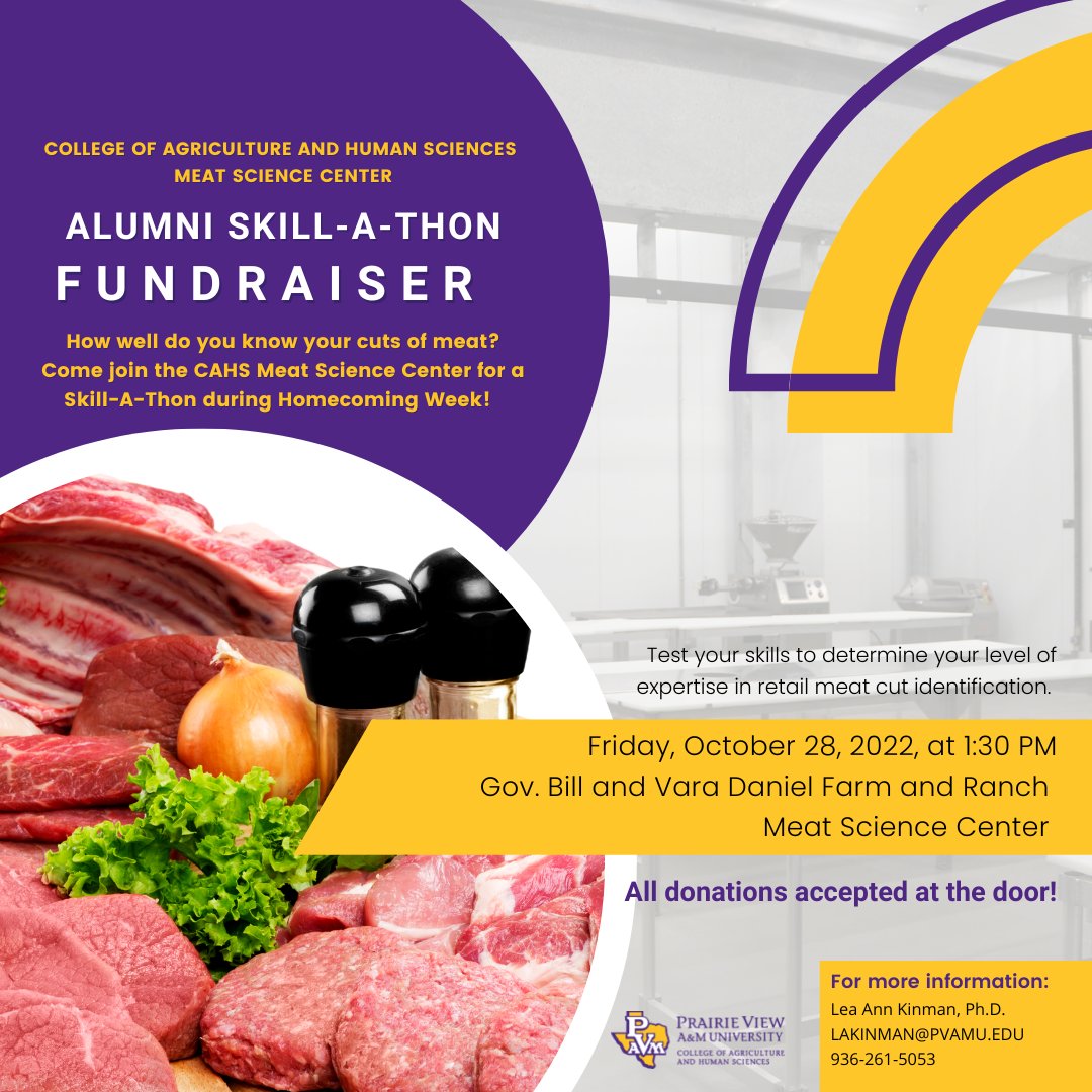 pvamucahs's tweet photo. How well do you know your cuts of meat? Come join the CAHS Meat Science Center for a Skill-A-Thon during Homecoming Week! Register using the link below!
⬇️⬇️⬇️⬇️
https://t.co/9CWHxJeU9S
#PVHC2k22 #PVAMU #PVAMUCAHS #MeatScience #AgisBack https://t.co/SwgtH945rW