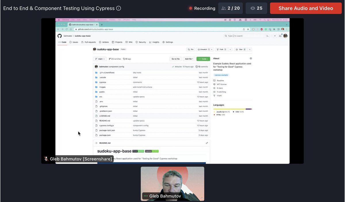 Nikolay_A00's tweet photo. Excited to learn some e2e and component testing with @Cypress_io from the ๐ @bahmutov in this 2hr workshop from #testing4good
Using this repo https://t.co/dCpxsnaSIt
#javascript #automation https://t.co/Z8LAA9DFfE