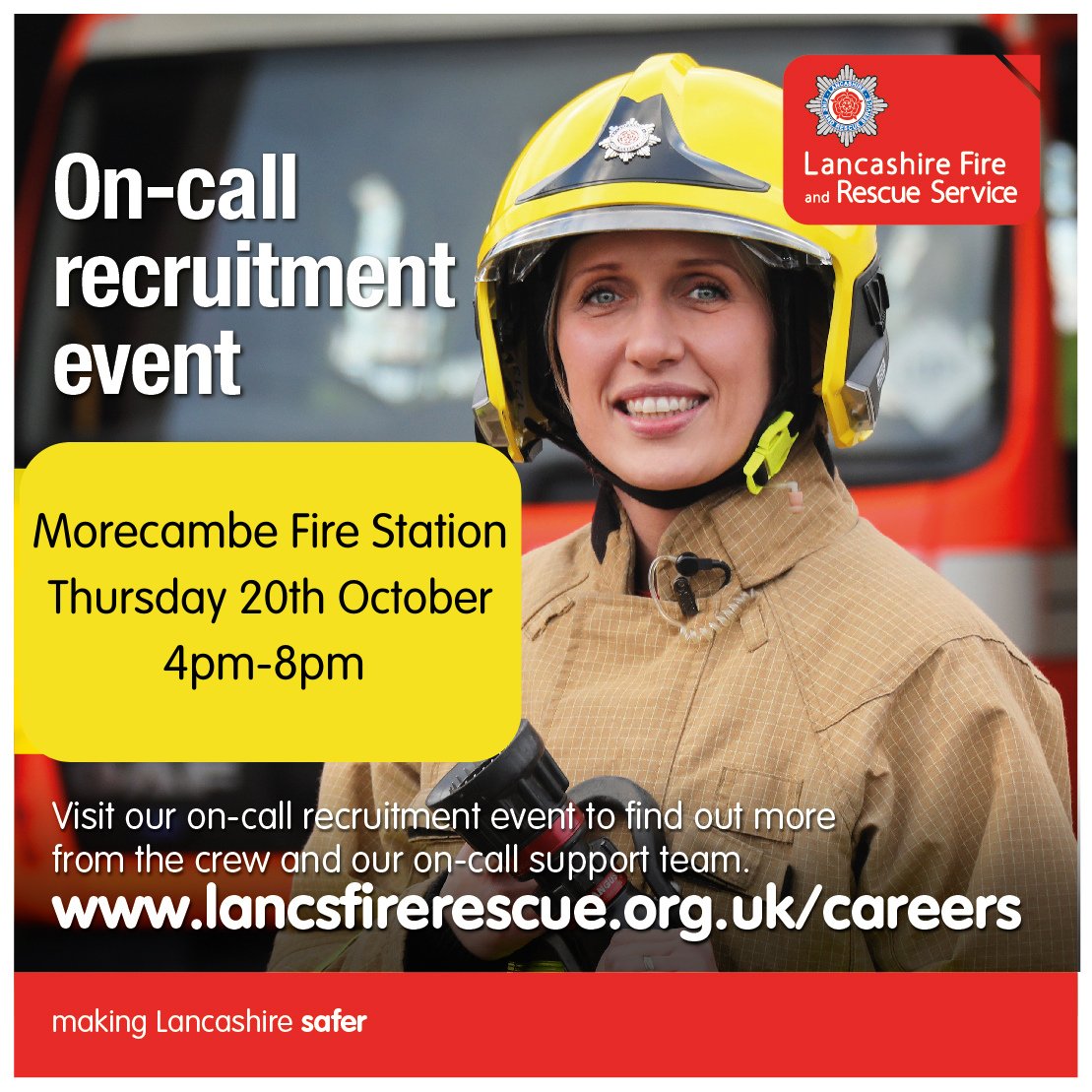 Are you from the north of Lancashire and looking for a new challenge?

We are holding a recruitment have a go event at Morecambe station tomorrow.

Come along and find out if you have what it takes to be a firefighter in your local community! 🚒