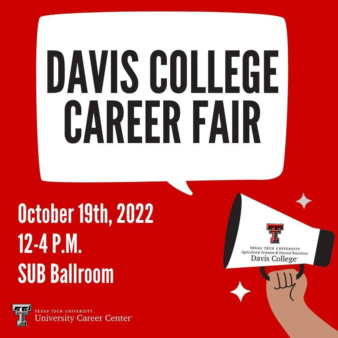 TTUCareers's tweet photo. We interrupt this #EtiquetteWeek to share that the DAVIS COLLEGE CAREER FAIR is happening today from 12 PM - 4 PM. This is the last career fair of the season! Dress professionally, bring extra resumes, and deliver your best pitch to every employer. You got this! #HireRedRaiders https://t.co/5TkwJ7b1yO