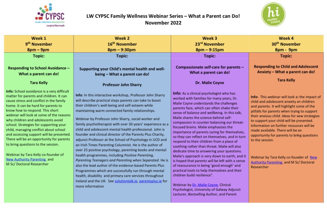 Parenting Webinar Series - What a Parent Can Do! 

Registration Now Open!

Featuring: Tara Kelly, <a href="/JohnSharryIRL/">John Sharry</a> &amp; <a href="/MalieCoyne/">Dr. Malie Coyne 🇦🇪🇦🇪🇦🇪</a> 

Registration Link and Details of all four webinars can be found below. 

 eventbrite.ie/e/family-welln…

#Anxiety #SchoolAvoidance #SelfCare #Wellbeing
