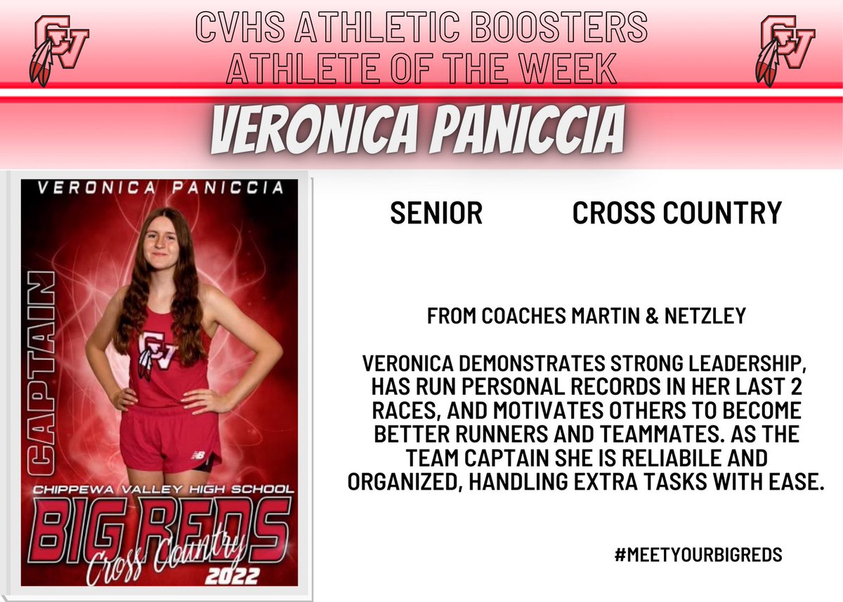 CVHSAthBoosters's tweet photo. MEET YOUR BIG REDS
Meet Senior Veronica Paniccia nominated by her coaches. Veronica is a cross country runner for the Big Reds. She demonstrates strong leadership as the captain of the girls cross country team.  #BigRedPride #BigRedFamily #LetsGoBigReds #meetyourbigreds https://t.co/VXjmsciwHC