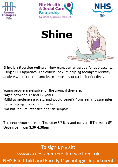 LevenmouthAc's tweet photo. SHINE @nhsfife 

SHINE is a 6-session online anxiety management group for adolescents, using a CBT approach

Please use the website link below to sign up. 

If any young person wishes to use space in Levenmouth Academy to undertake this course, we will facilitate that. #WeCare https://t.co/Fr4XvPBKvX