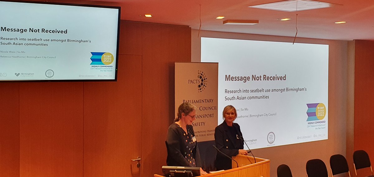 PACTS's tweet photo. Rebecca Hawthorne, Travel Demand Manager @BhamCityCouncil and @nicolawass1, CEO @so_mo_co
Speaking about their research into seatbelt use amongst Birmingham's South Asian communities - Message not received. https://t.co/9IvAaRrFq4
#PACTSconf https://t.co/ltqqU41qJf
