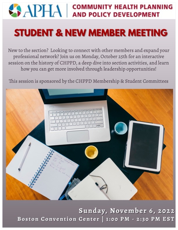 CHPPD_APHA's tweet image. Hello new members and students! We host a special meeting just for you to help you get acquainted with our section at the @APHAAnnualMtg .This is a great way to meet our current #CHPPD members and find out to be involved with our section. See flyer for more details! #apha22