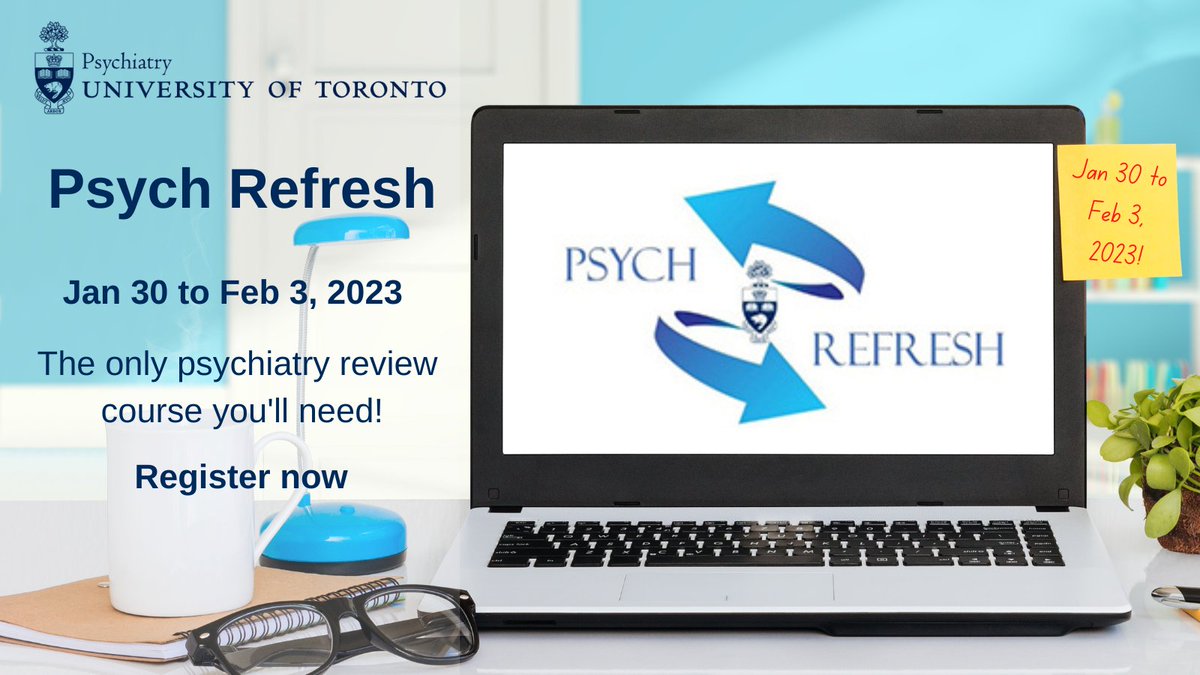 UofTPsych's tweet photo. A comprehensive review of the field of psychiatry delivered online, Psych Refresh is ideal for residents preparing for their Royal College Exams or experienced physicians who wish to update their knowledge.

📅Join us Jan 30 to Feb 3, 2023

➡️Register now: https://t.co/rYLR1jUrsk https://t.co/JeZJYw9w9G