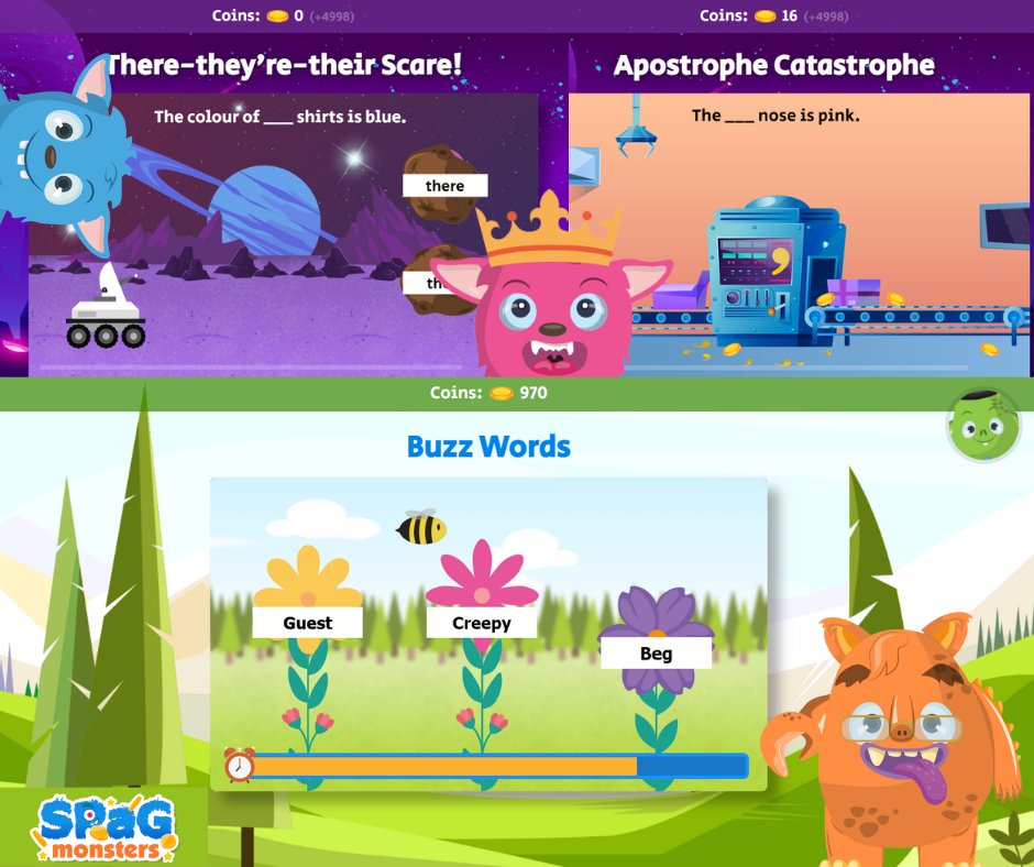 YoungWritersCW's tweet photo. Have you started playing SPaG Monsters yet? It's free for parents and schools, improves literacy and has no in-game charges, you play to earn stars & coins! Sign up today: https://t.co/E6ddZ2Fetm
#literacy #spag #spelling #grammar #game #schoolgame #freegame https://t.co/RtsQGaekjG