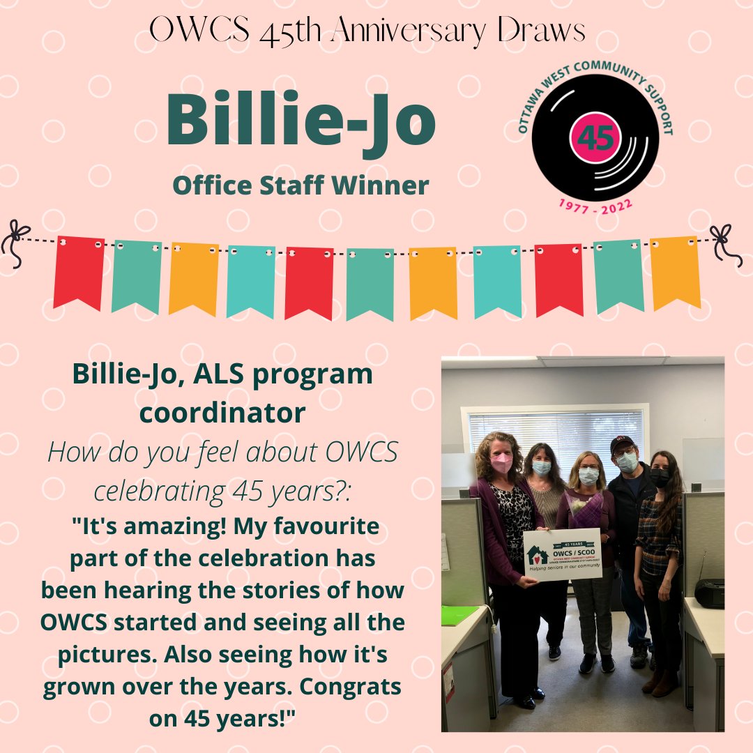 OttawaWestCS's tweet photo. Not only are we celebrating CSS Month, but OWCS is also celebrating our 45th Anniversary. Each month draws are held for staff and volunteers. Congratulations to ALS Coordinator Billie Jo! #communitysupportmatters💙 #CSM2022 #owcs45 https://t.co/ldSJJF2KrY