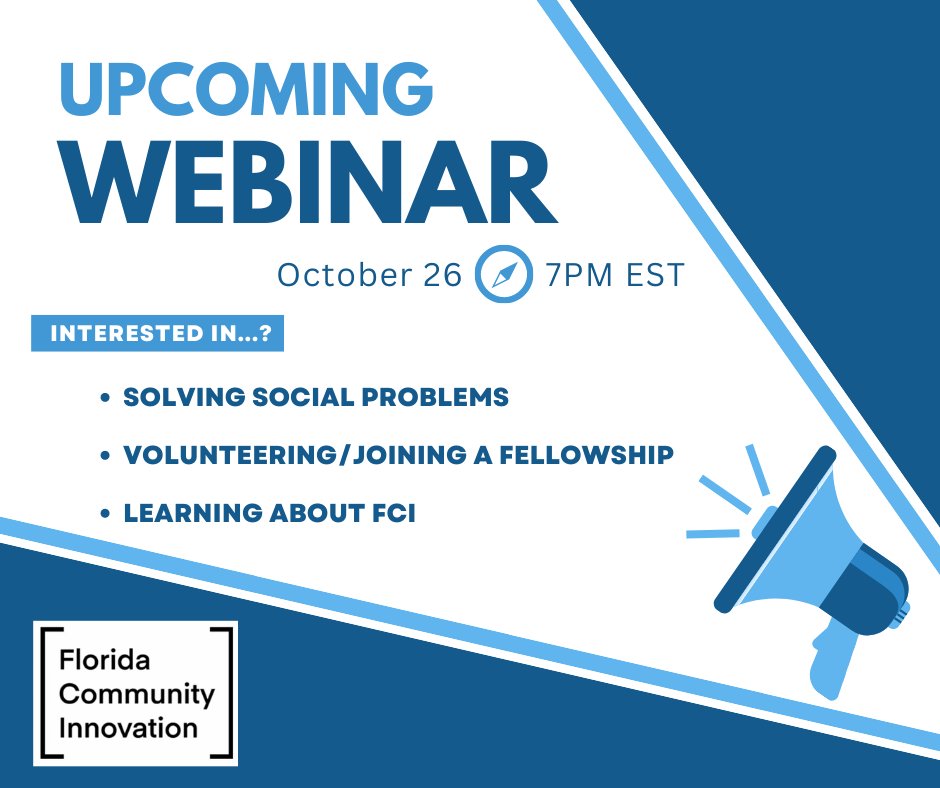 FLInnovation's tweet image. Join this live, online event to learn more about Florida Community Innovation (FCI) from a panel of FCI’s students and volunteers. During this event, panelists will discuss FCI’s unique problem-solving model. RSVP: us06web.zoom.us/webinar/regist…