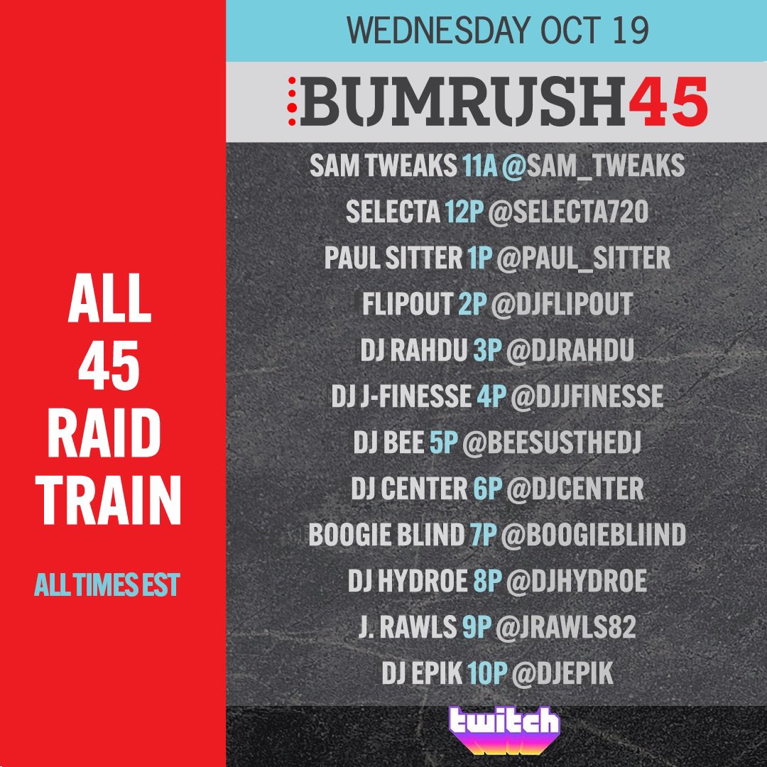 We’ve got a dope Twitch Raid Train happening today. Join us! Each DJ’s channel listed to the right of their set time.