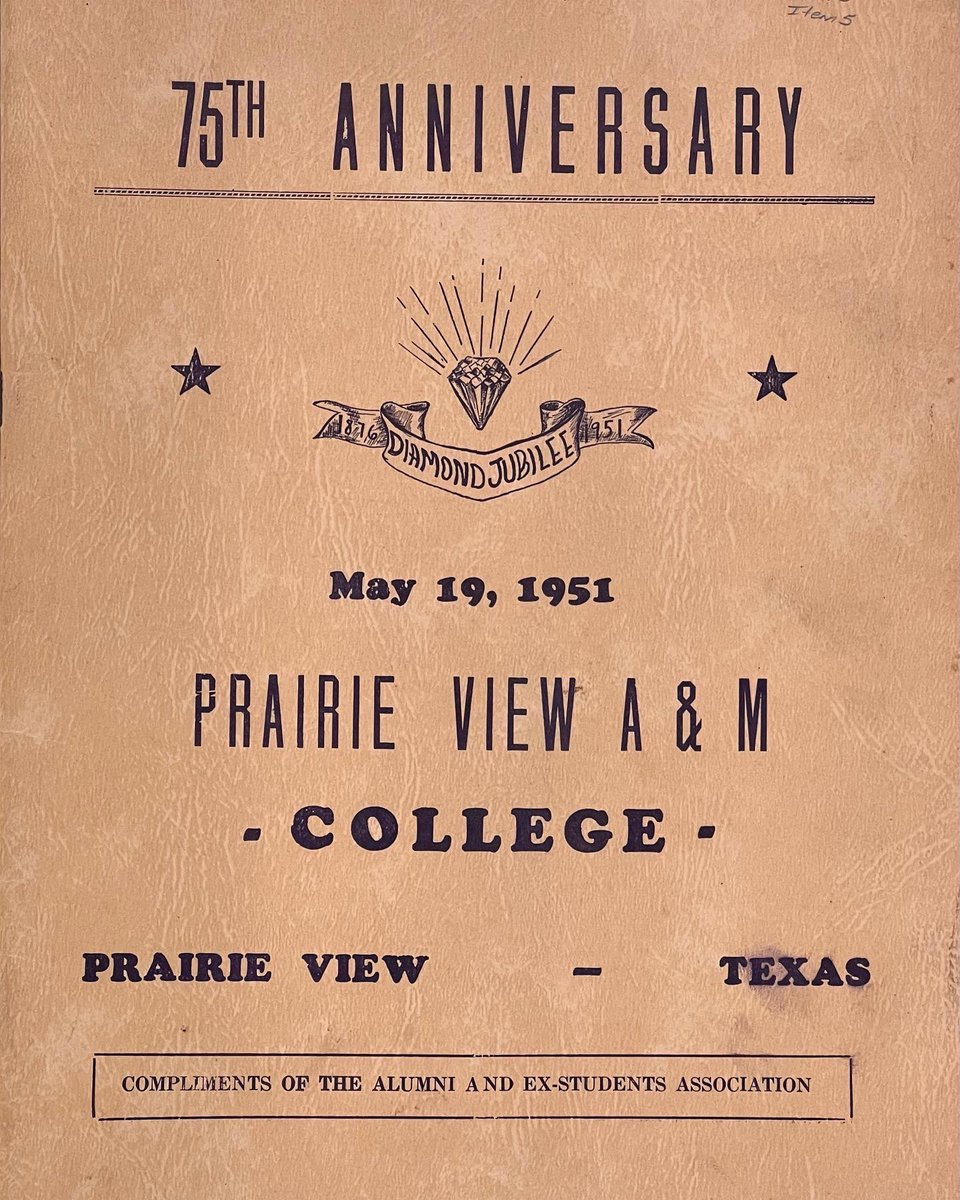digpvpanther's tweet photo. On May 19, 1951 Prairie View A&amp;M College now Prairie View A&amp;M University celebrated its 75th Anniversary. This is a booklet form that event. The “Diamond Jubilee”.💎 #PVAMU #dppp #HBCU #digitalpvpantherproject https://t.co/1WPRVAE7VR