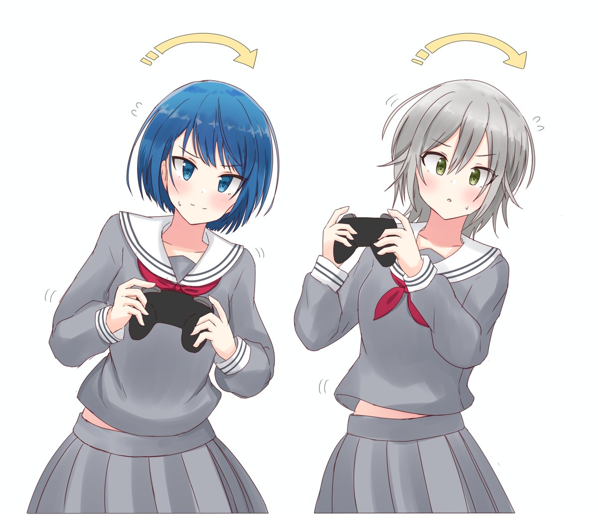multiple girls 2girls controller school uniform game controller blue eyes blue hair  illustration images