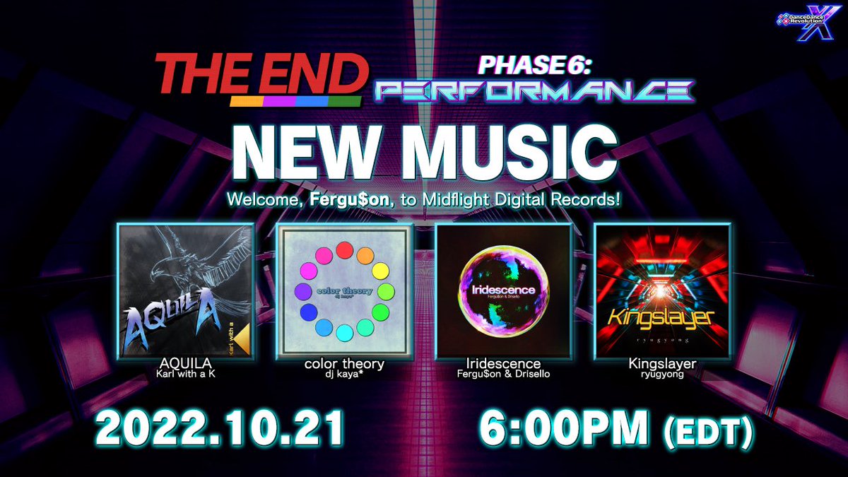 Four brand-new DDR XX exclusives are here!  “AQUILA” by Karl with a K, “color theory” by dj kaya*, “iridescence” by Fergu$on &amp; Drisello, and “Kingslayer” by ryugyong will be released 10/21 at 6PM EDT! #DDRXX #DDRSTARLiGHT