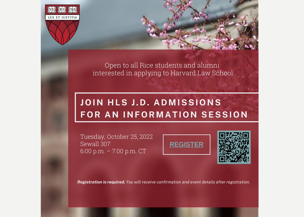 Harvard Law School provides unmatched opportunities to study law and related disciplines in a rigorous and collaborative environment. Join us to learn more about HLS and have your admissions questions answered. 

Register Here: jdadmissions.law.harvard.edu/register/rice2…