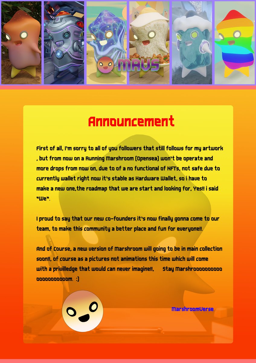 ** Big Annoucement**

Running Marshroom Cancelled

#NFTTHAILAND #NFTCommunitys #NFT買います #NFTartists #NFTArts #NFTcollections #NftColllectors #Opensea #Marshroom