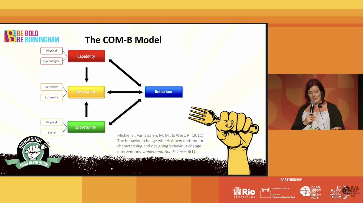 #Rio8Mufpp🌍| <a href="/food_trails/">Food Trails</a> side event

🗣️With regards to public procurement, Sarah Pullen from #Birmingham spoke about their experience in using "The COM-B behavior change model" to explore the barriers and facilitators to change, including capability, opportunity and motivation