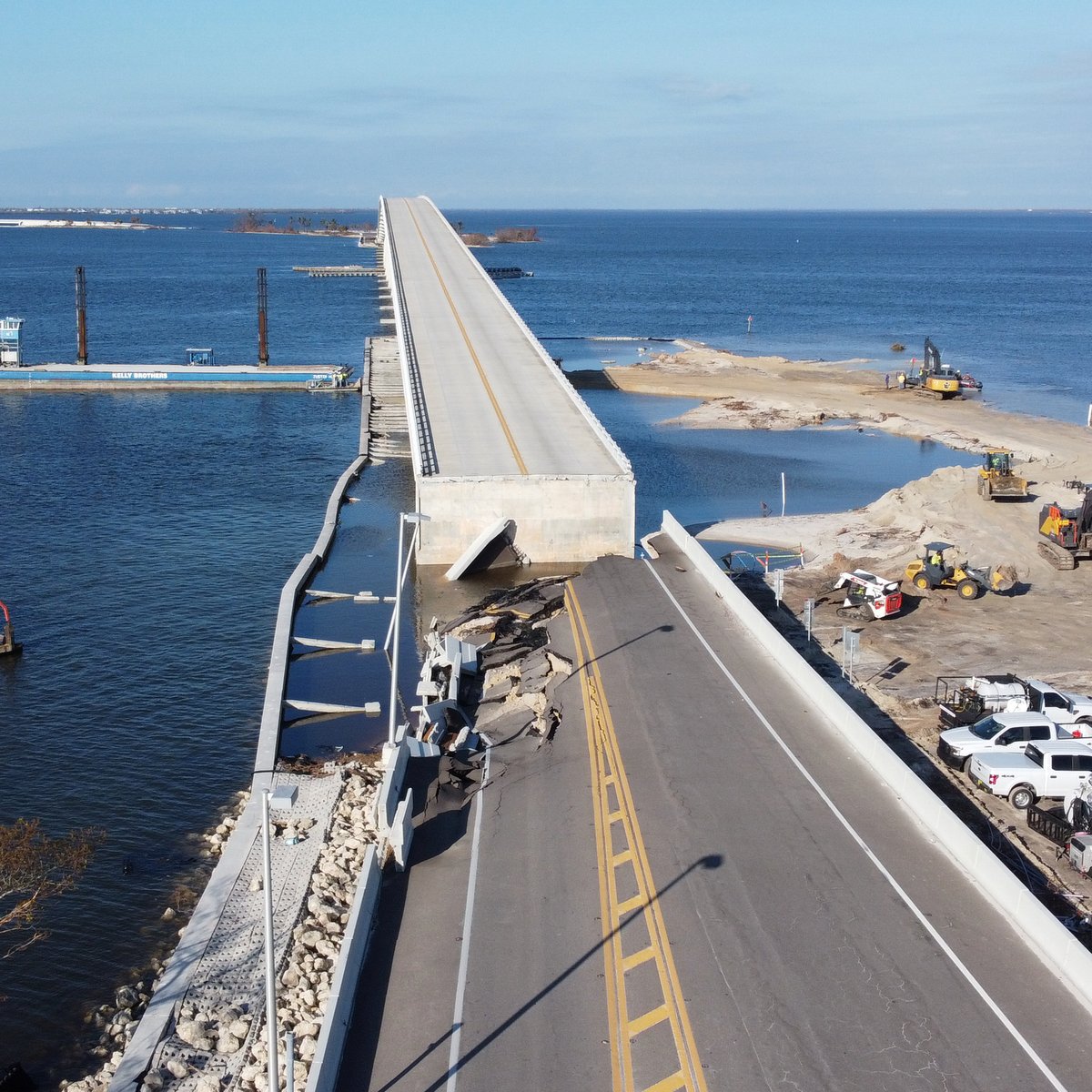 GovRonDeSantis's tweet image. Three weeks ago, Hurricane Ian destroyed the Sanibel Causeway in three places, leaving the island of Sanibel isolated.

Today, we have re-opened the causeway for our residents after completing temporary repairs more than a week ahead of schedule. Way to go!