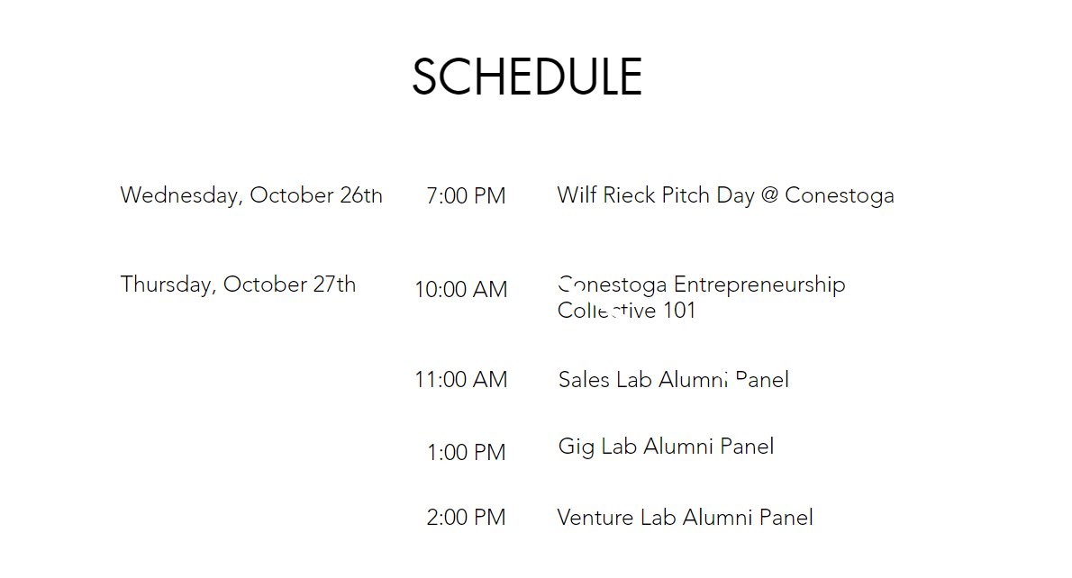 ConestogaC's tweet photo. Join the Conestoga Entrepreneurship Collective Festival from Oct. 26-27 to learn more about entrepreneurship and the CEC’s programs. Entrepreneurs will present during the Wilf Rieck Pitch Day on Oct. 26 for a chance to win $5,000. Register to attend: https://t.co/uR8jTeRypn https://t.co/SMm5s17Lo7