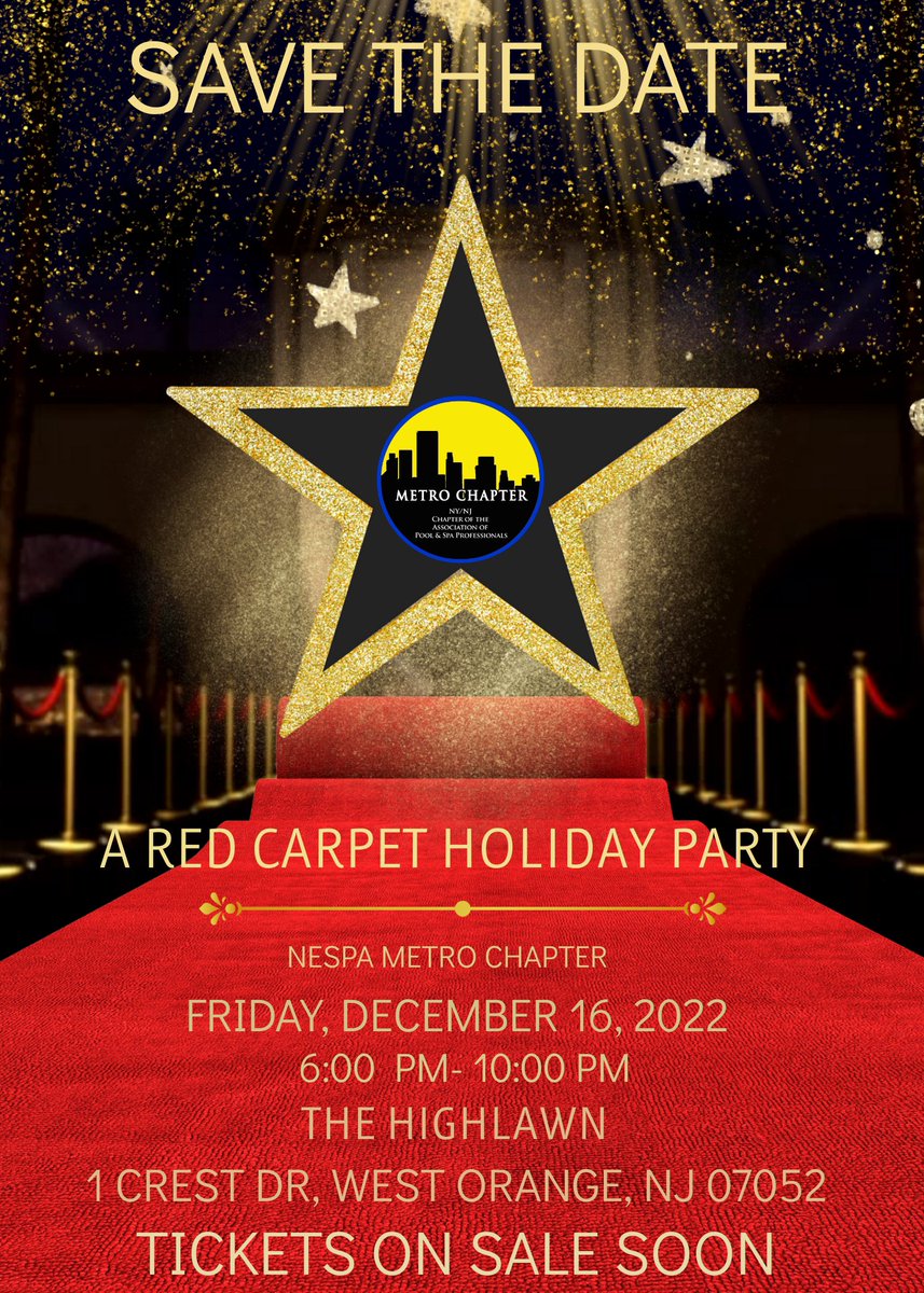 A RED CARPET HOLIDAY PARTY
NESPA METRO CHAPTER
Friday, December 16, 2022
6:00 PM - 10:00 PM
The Highlawn
1 Crest Dr. West Orange, NJ 07052
TICKETS ON SALE SOON