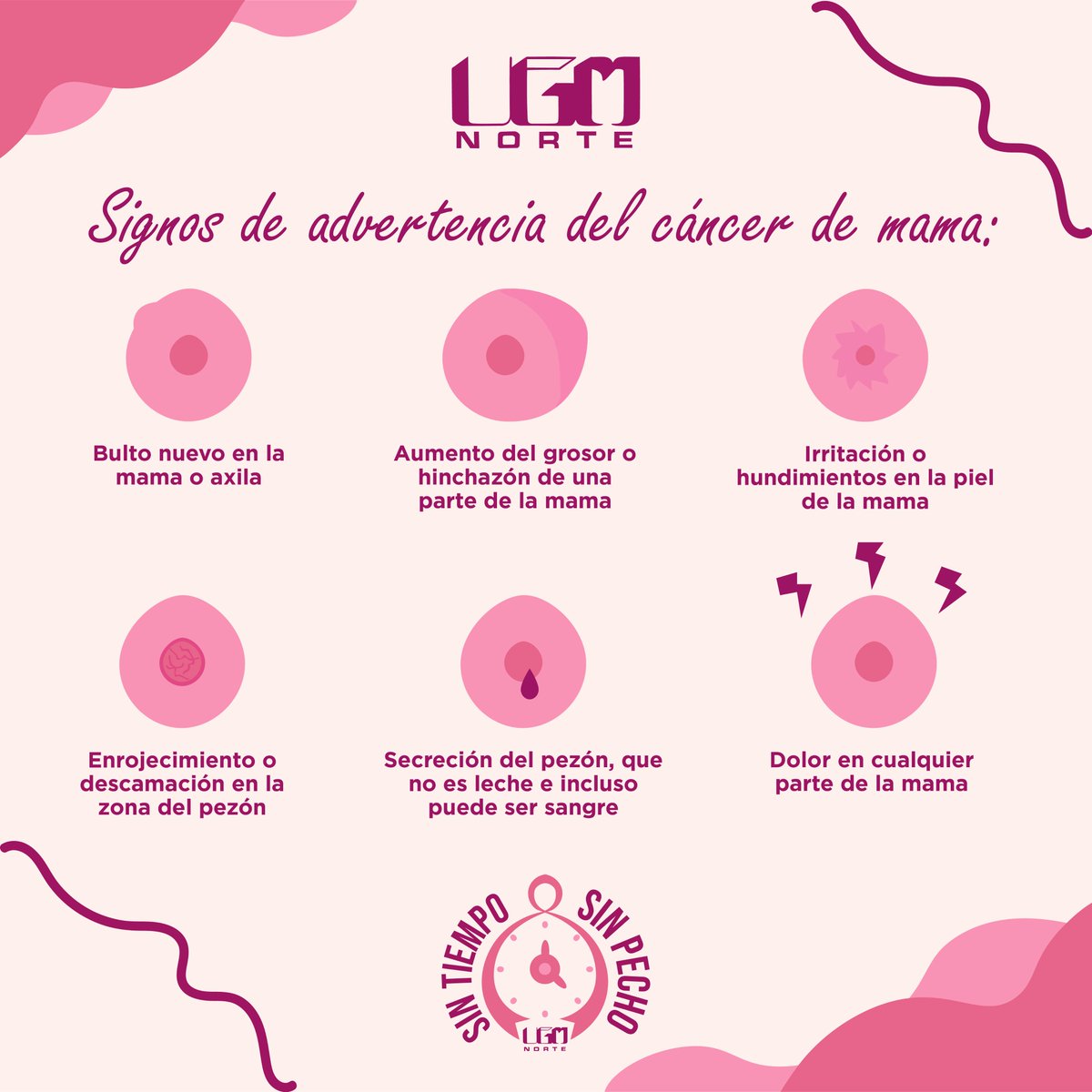 UGMNorte's tweet photo. ¿Sin tiempo o Sin pecho?  Te compartimos información sobre el Cáncer de Mama que pueden salvar una vida. #DiaInternacionalCancerDeMama #FelizMiercoles https://t.co/SkojOvDISH