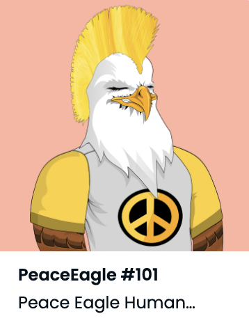 PeaceEagleNFT's tweet photo. Miss the mint? Not to worry!
#NFTGiveaway - We will select three winners to receive one of these NFTs. Entry is easy:
โ
Like, RT, & Comment
โ
Follow @PeaceEagleNFT & @JoliLavie
#PeaceEagleNFT #EagleStrong https://t.co/RlgTt8D0cb