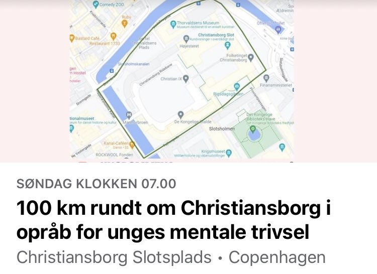 👟Kom og løb med på søndag 👟

Sejeste <a href="/sorendjer/">Søren Djernæs</a> løber 100 gange rundt om Christiansborg for at sætte spot på de store udfordringer med unges mentale trivsel. 

Bl.a. @CarlValentin7 <a href="/casperohlers/">Casper Øhlers</a> 
<a href="/ClHalv/">Clara Halvorsen</a> <a href="/ThomasRohden/">Thomas Rohden</a> løber også med 👏🙏👏

facebook.com/events/s/100-k…
