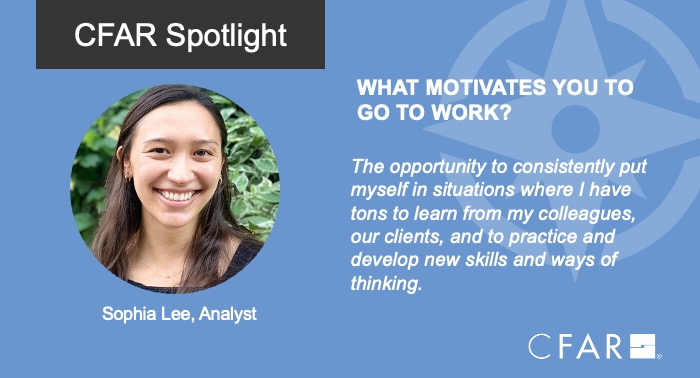 CFAR_INC's tweet photo. #MeetCFAR Analyst Sophia Lee! She has been with CFAR since July 2021. She enjoys getting to work on multiple projects at the same time and being able to work with #clients who are tackling all sorts of challenges. Learn more about Sophia: https://t.co/a8aHNPli4l https://t.co/uLxmr2JE5y