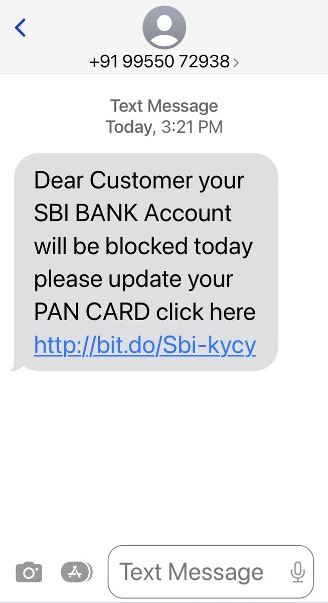 सावधान .. रिटायर्ड आदरणीय पेंशनभोगी 🙏

मैं यह ट्वीट हिन्दी भाषा में कर रहा हूँ क्योंकि हमारे बहुत से रिटायर्ड सीनियर सिटीज़न का पेन्शन खाता स्टेट बैंक (SBI) में है
ऐसे धोखे वाले (fraud) SMS से बच कर रहें please

जय हिन्द 🇮🇳
Request maximum retweet please 
PC : <a href="/amritabhinder/">Amrita Bhinder 🇮🇳</a>