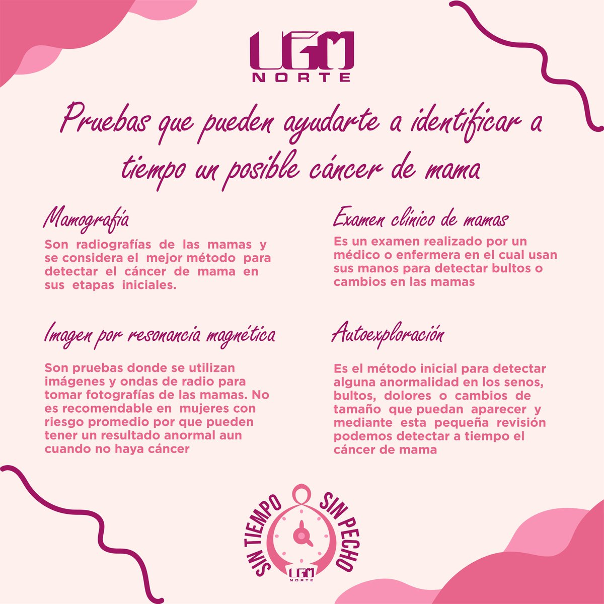 UGMNorte's tweet photo. ¿Sin tiempo o Sin pecho?  Te compartimos información sobre el Cáncer de Mama que pueden salvar una vida. #DiaInternacionalCancerDeMama #FelizMiercoles https://t.co/SkojOvDISH