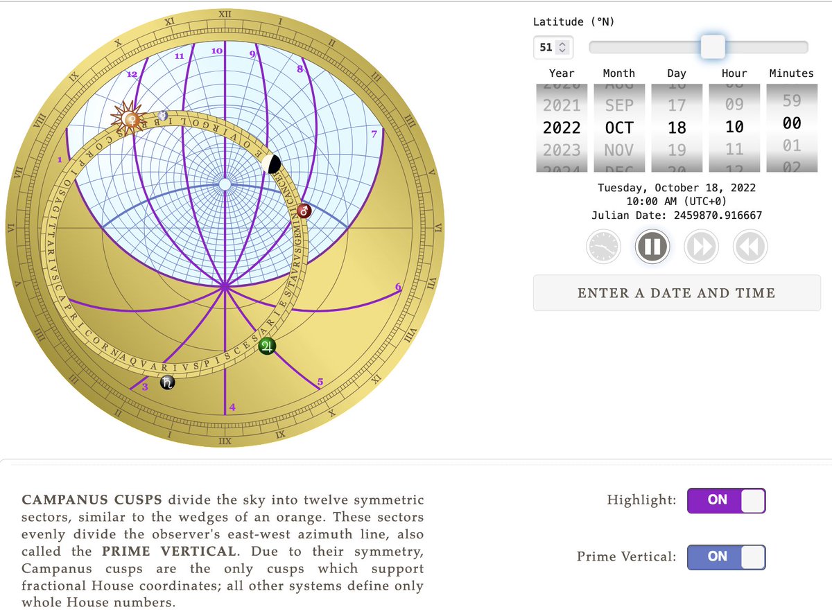 SchemeOfHeaven's tweet photo. At @StephenHSM's request, I added a toggle-switch to the #astrolabe to highlight the Prime Vertical (east-west azimuth). The aim is to help clarify the underpinnings of the #campanus vs #regiomontanus house systems. https://t.co/FF12Jhd50n