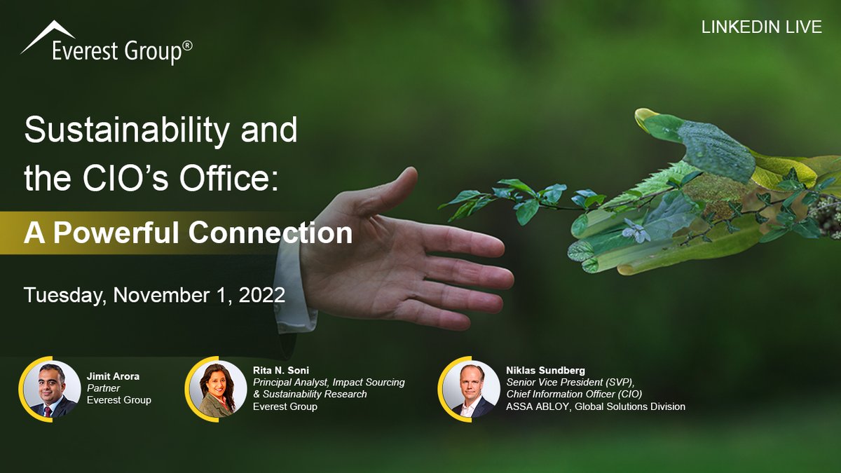 What does #sustainability look like from the #CIO’s office? 

Everest Group is honored to have <a href="/NiklasSundberg/">Niklas Sundberg</a>, SVP and CIO at <a href="/assaabloygs/">Vingcard</a> join us to answer this question. Register 

okt.to/Oikh4N 

@JimitArora @RitanSoni