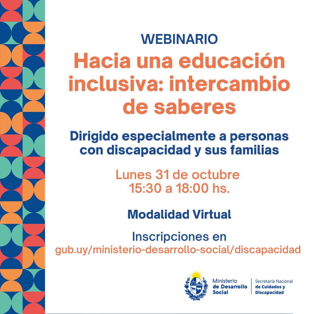 DiscapacidadUy's tweet photo. ✅ ¡Participá del webinario "Hacia una educación inclusiva: intercambio de saberes".

📅 Lunes 31/10
🕞 De 15:30 a 18 hs.

▶ Más info e inscripciones: https://t.co/mu8ovQdOkq https://t.co/UywBObHbUU