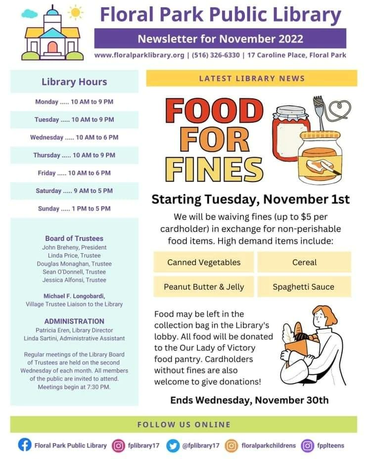 FPLibrary17's tweet image. The November 2022 newsletter is now available! Visit floralparklibrary.org for sign up and dates!