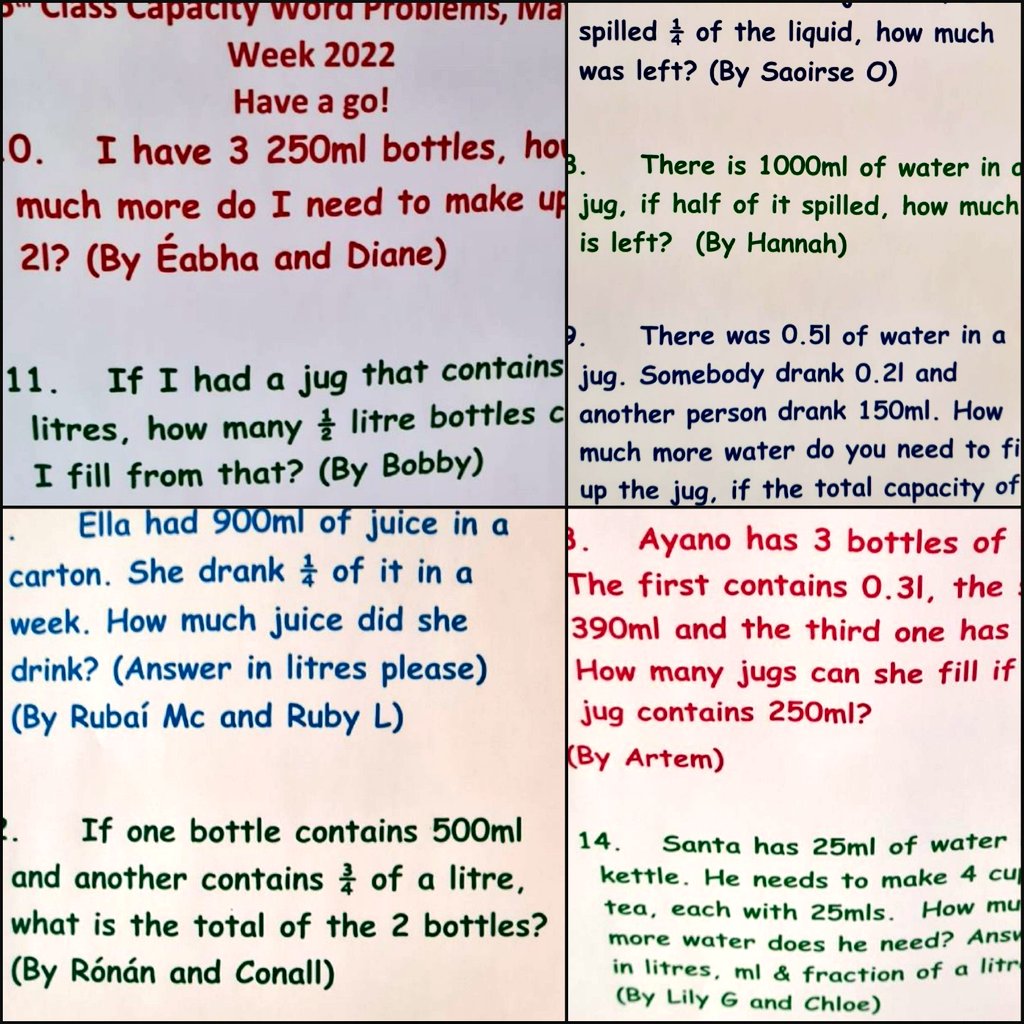 RangMsharrison's tweet photo. Thanks @MsKellyClass @AineMcGrath2 for super maths stations today for #mathsweek2022 @kinvarans 
We had great fun and were inspired to create our own word problems  #capacity #fun #teams https://t.co/t7XX5xYhgx