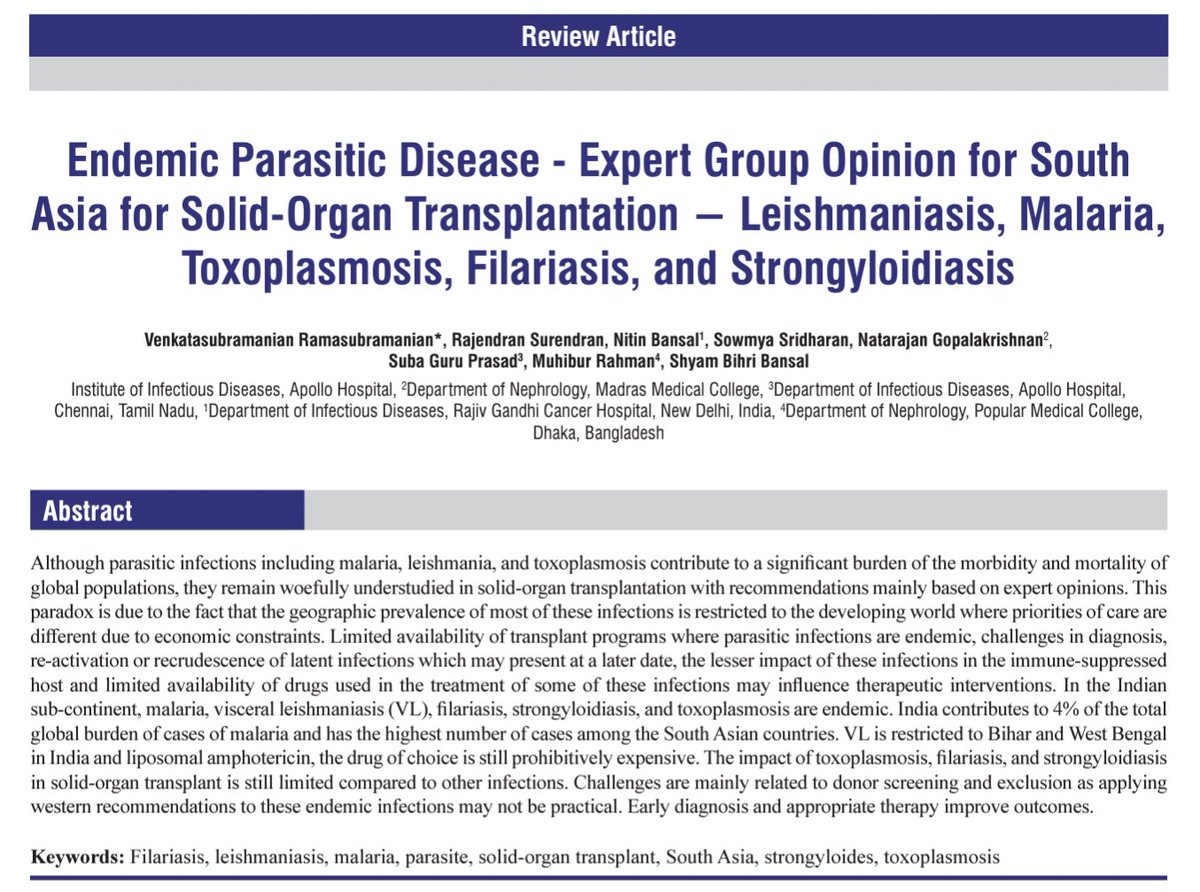 Endemic parasitic disease - Expert group opinion for South Asia for solid-organ transplantation − Leishmaniasis, malaria, toxoplasmosis, filariasis, and strongyloidiasis. ijtonline.in/article.asp?is…