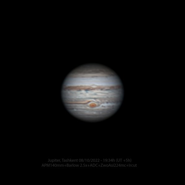 timur_hp's tweet photo. #astrophotography #astronomy #telescope  #planets #solarsystem  #apmtelescopes  #luntsolarsystems #jupiter #planet #solarsytems Jupiter 08-10-2022. Telescope APM 140.  Barlow 2x, ZWO AM5 mount, ASI 224mc, ZWO ADC, IR/UV cut filter. https://t.co/9OSBWFda7g