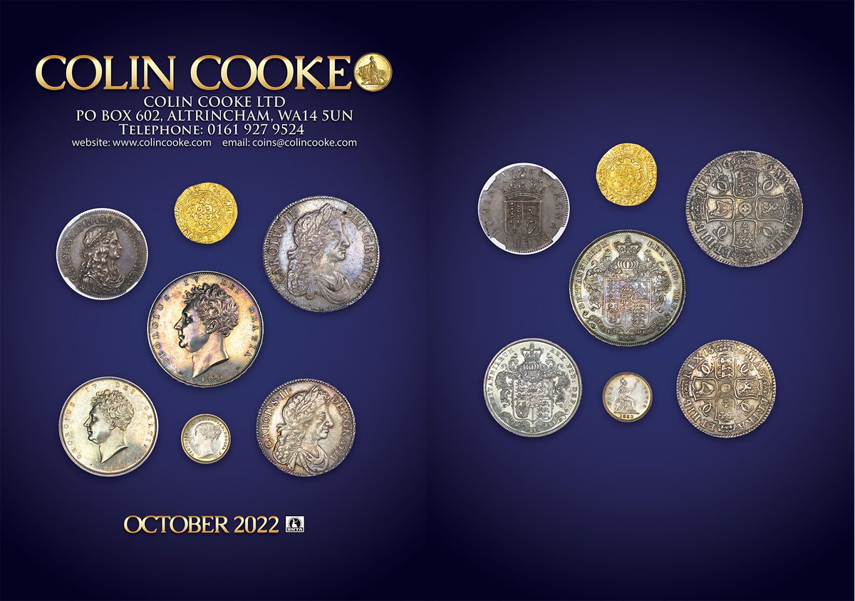 colincookecoins's tweet photo. Sneak preview of the front and back covers of our October 2022 List due out Tuesday 25th October 2022.
Please get in touch to request a copy.
#coincollecting #numismatics #halfcrowns #coins #hammeredgold #coindealer #hammeredsilver
#crowns #farthing #sovereigns #Guinea https://t.co/JDVAdsfF7C
