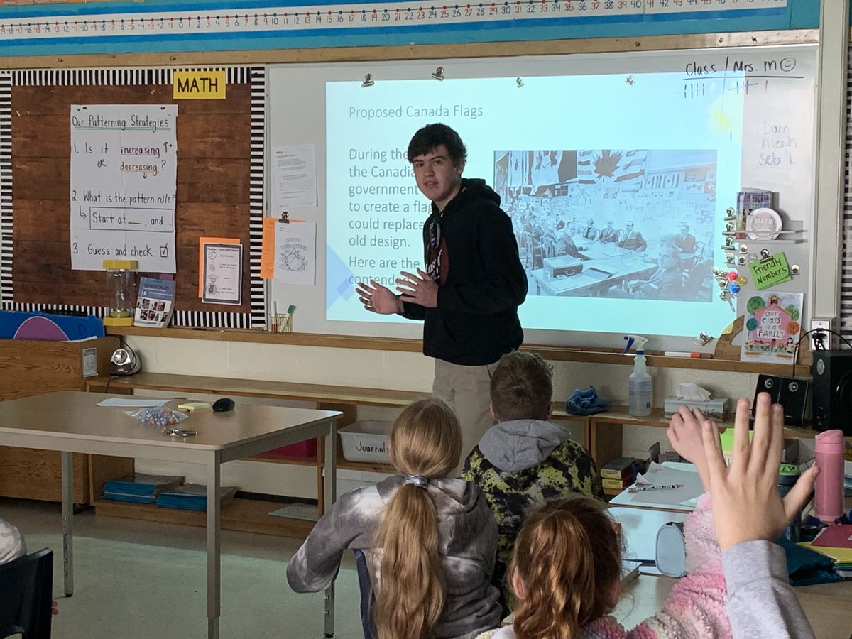 MrsMartinow's tweet photo. Our co-op student, Mr.Mantick, created an engaging social studies lesson about the Canadian flag. He showed students proposed flags from history, flag trends, and then had them create their own! 🇨🇦🍁 Great work! ⁦@trinitytitan⁩ https://t.co/G11sqxMIH8