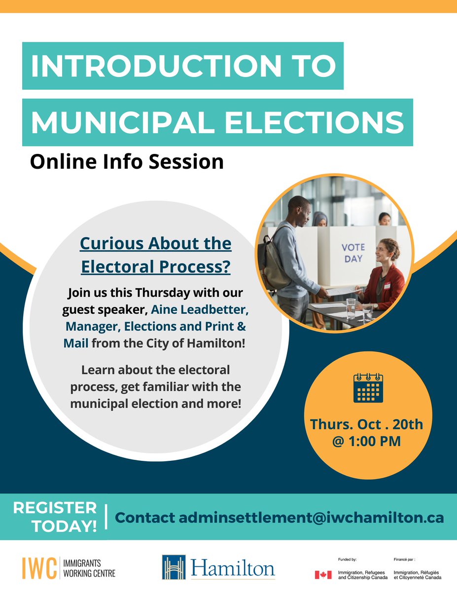 iwchamilton's tweet photo. Election Day in #HamOnt is less than a week away!🗓
Our Settlement team will host an information session TOMORROW with a guest speaker from the Office of the Clerk!
To register, contact Kelly:
📧 adminsettlement@iwchamilton.ca
☎️ 905-529-5209 x 2221
#Hamiltonvotes https://t.co/gsxoefnuEf