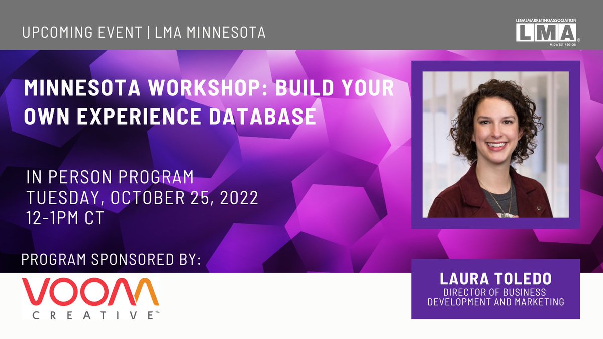 LMAMidwest's tweet photo. Join #LMAMinnesota next week on Oct. 25 for the workshop, “Build Your Own Experience Database.” Learn how to build your own database without a Big Law budget!
@NJLlaw
Register now: https://t.co/lKNQtV9wNa #MakeItMidwest https://t.co/5rQW0rIjaT