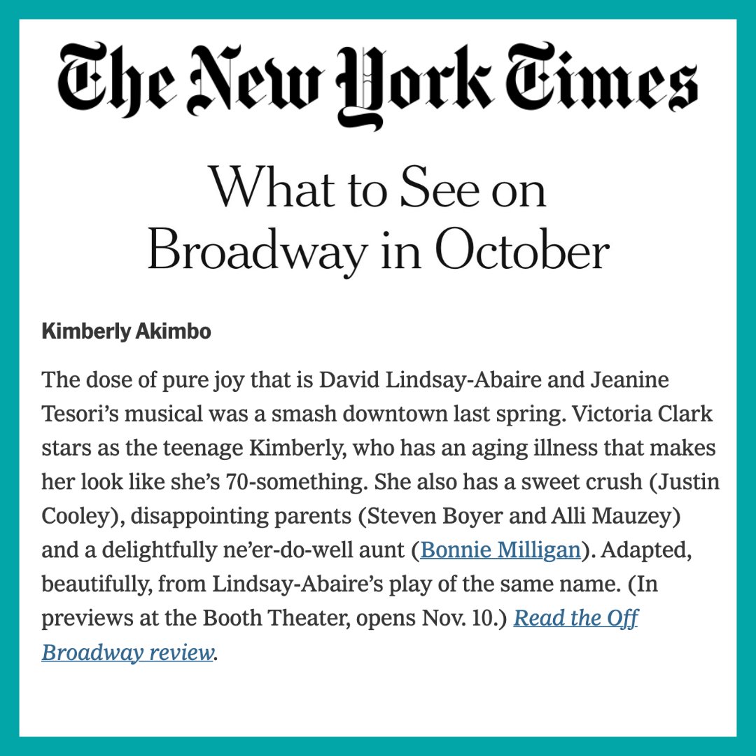 “A dose of pure joy” is waiting for you on Broadway. Read more on The New York Times. #KimberlyAkimbo
nytimes.com/article/broadw…